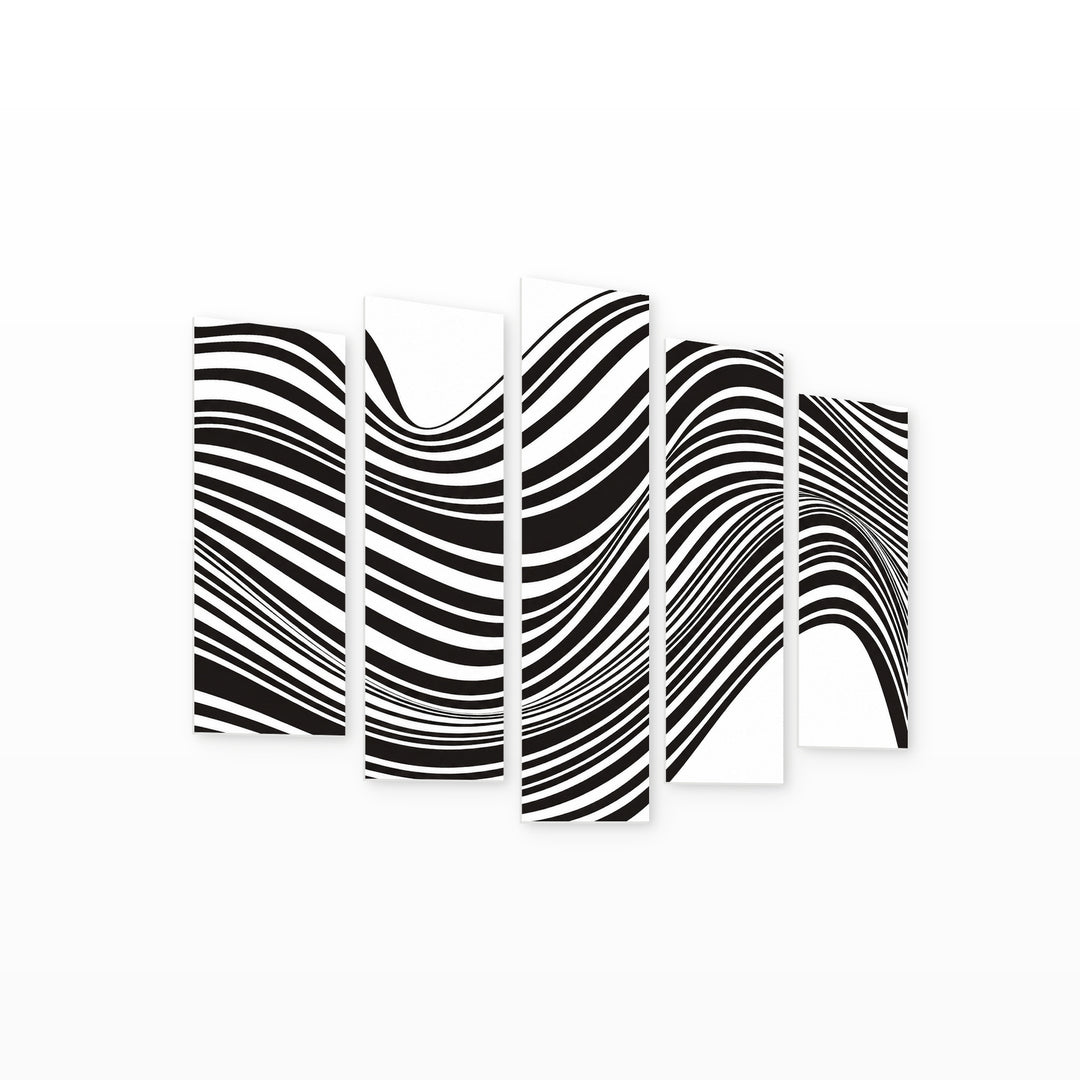 Black and White Optical Design with Geometric Rhythm — five-panel wall art on white background in perspective | 5wallart 54823 M1