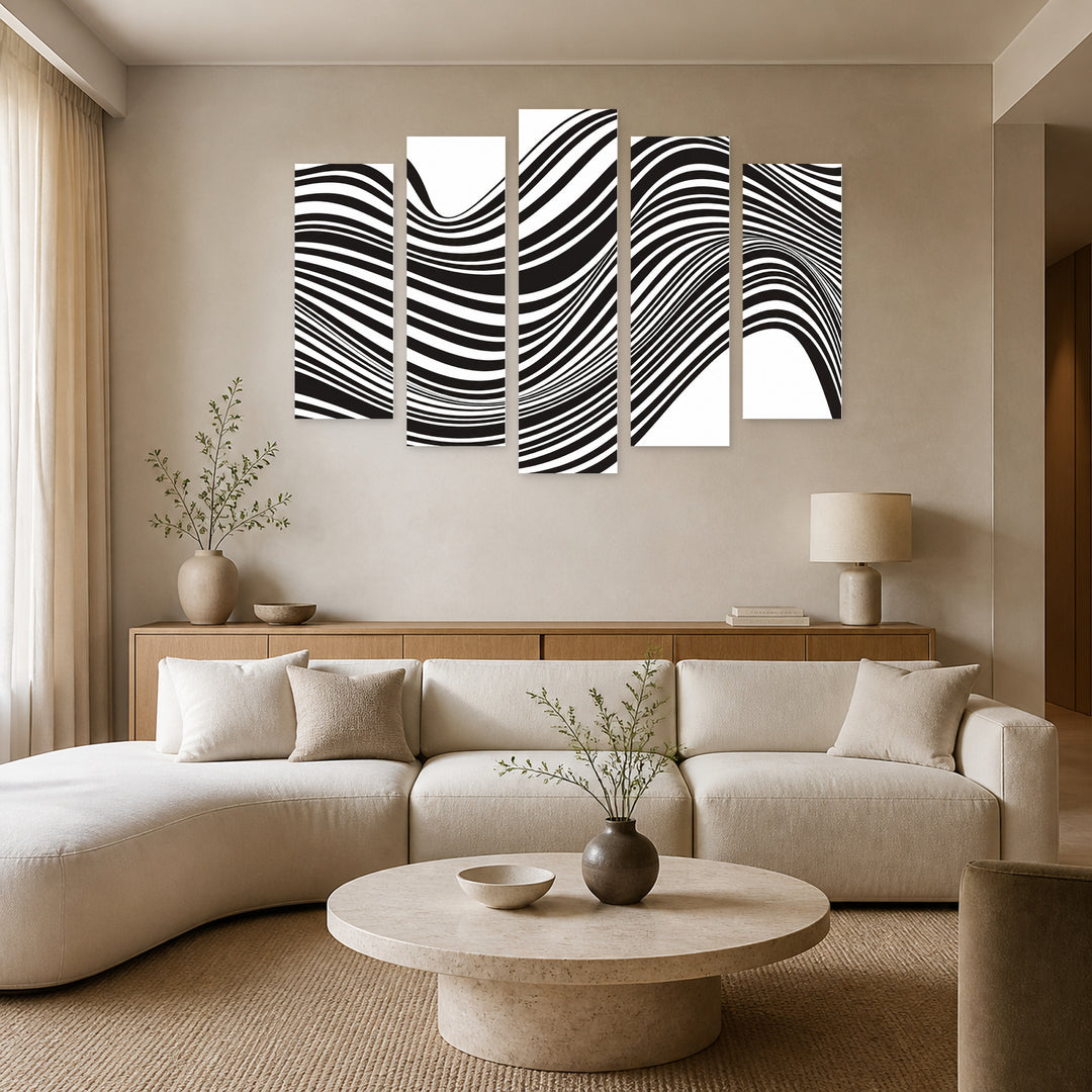 Black and White Optical Design with Geometric Rhythm — five-panel wall art in frontal interior | 5wallart 54823 M3