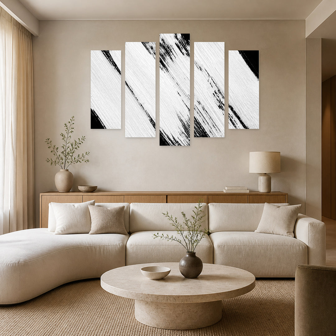 Black and White Brush Background with Dramatic Contrast — five-panel wall art in alternate frontal interior | 5wallart 54824 M4