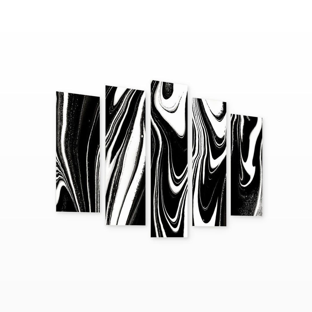 Black and White Abstraction with Geometric Rhythm — five-panel wall art on white background in perspective | 5wallart 54825 M1