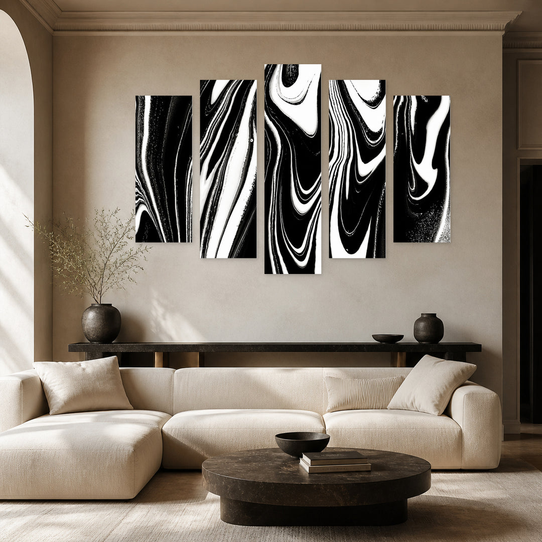 Black and White Abstraction with Geometric Rhythm — five-panel wall art in frontal interior | 5wallart 54825 M3