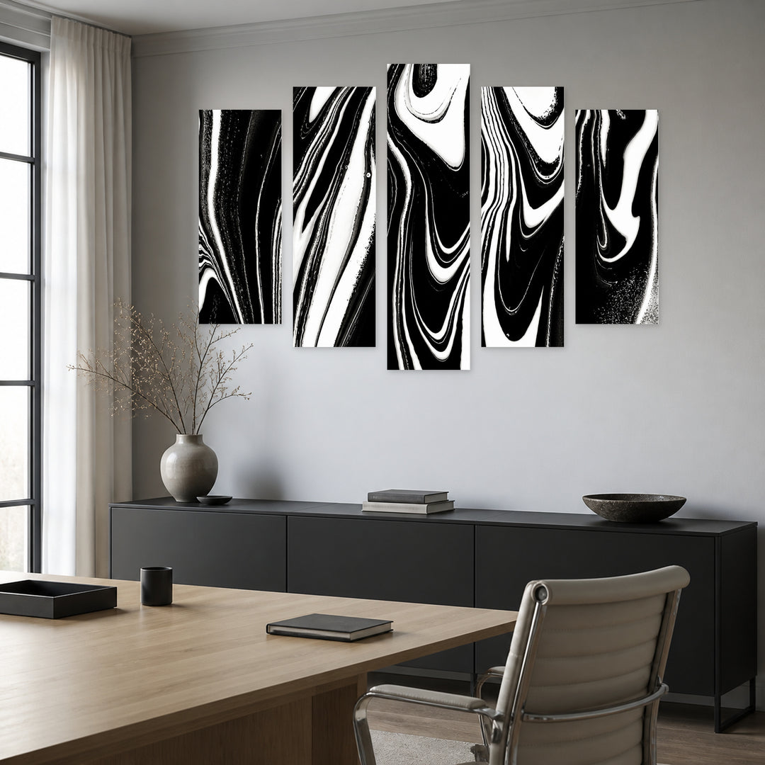 Black and White Abstraction with Geometric Rhythm — five-panel wall art in alternate frontal interior | 5wallart 54825 M4