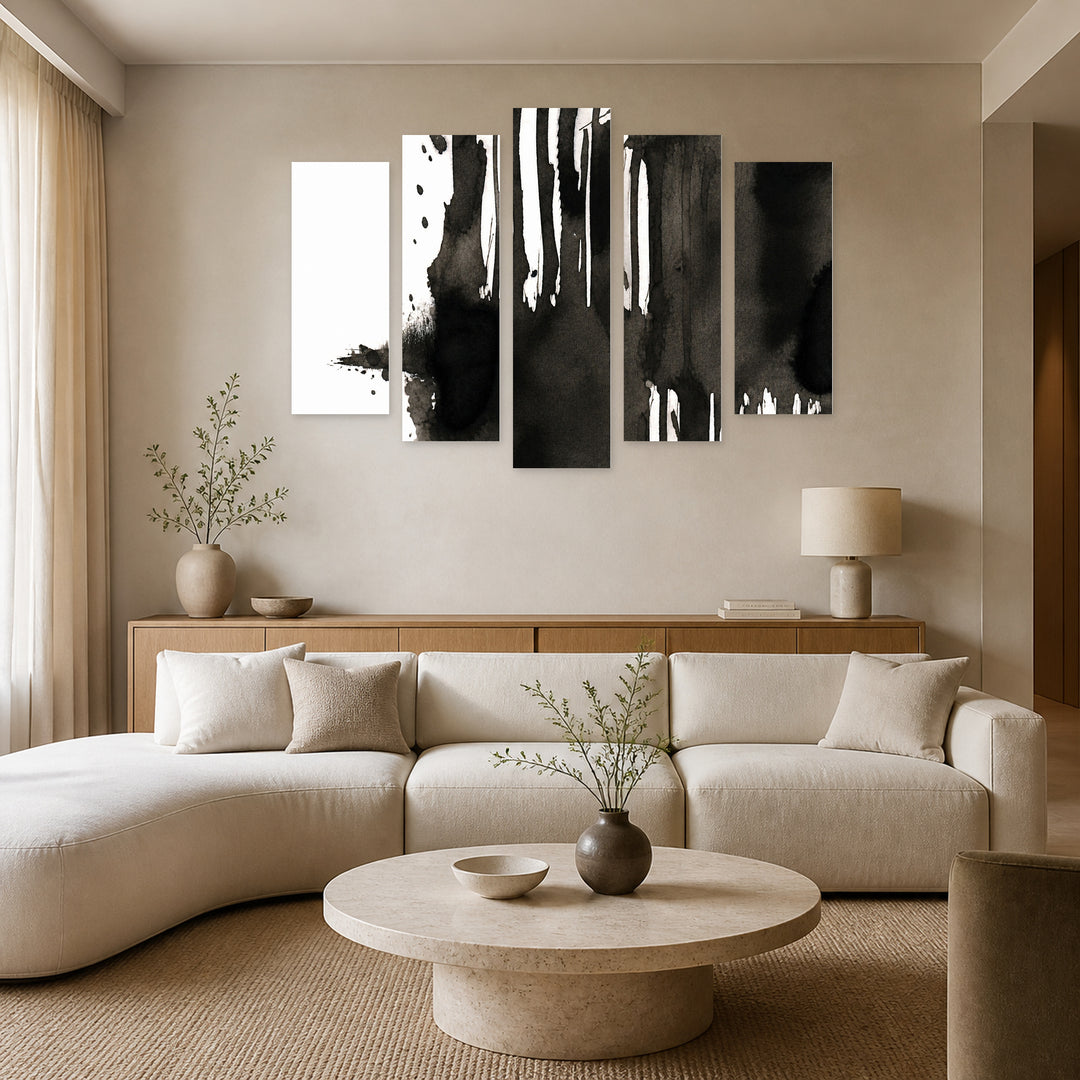 Abstract Ink Background in Serene Light — five-panel wall art in frontal interior | 5wallart 54827 M3