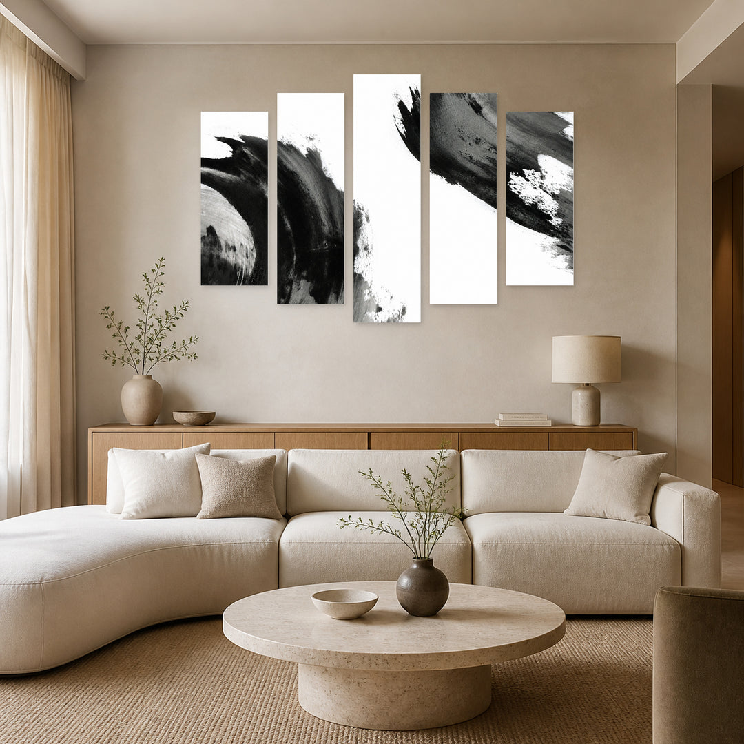 Abstract Ink Brush Background Modern Composition — five-panel wall art in frontal interior | 5wallart 54829 M3