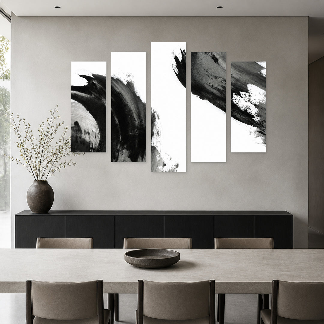 Abstract Ink Brush Background Modern Composition — five-panel wall art in alternate frontal interior | 5wallart 54829 M4