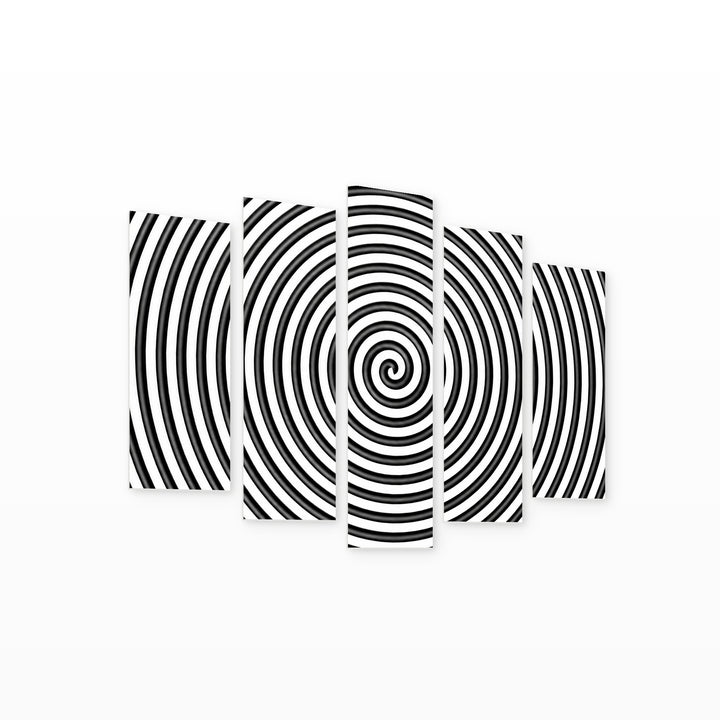 Black and White Hypnotic Circle in Serene Light — five-panel wall art on white background in perspective | 5wallart 54830 M1