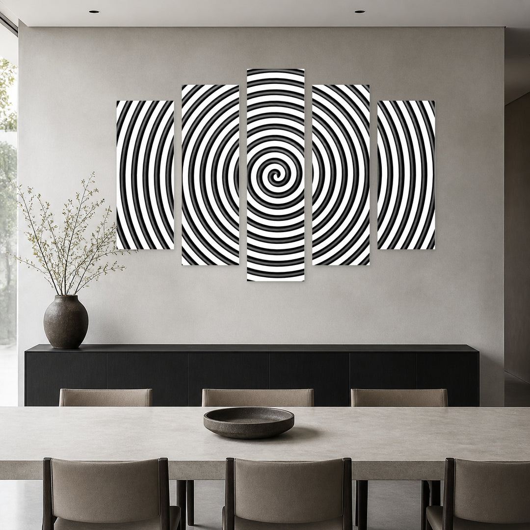Black and White Hypnotic Circle in Serene Light — five-panel wall art in frontal interior | 5wallart 54830 M3