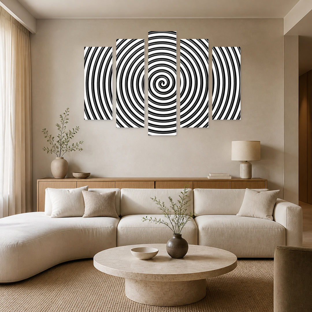 Black and White Hypnotic Circle in Serene Light — five-panel wall art in alternate frontal interior | 5wallart 54830 M4