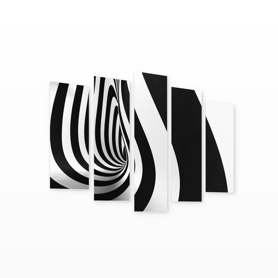 Projection of Black and White Stripes Modern Composition — five-panel wall art on white background in perspective | 5wallart 54831 M1