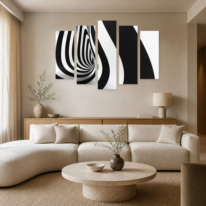 Projection of Black and White Stripes Modern Composition — five-panel wall art in frontal interior | 5wallart 54831 M3