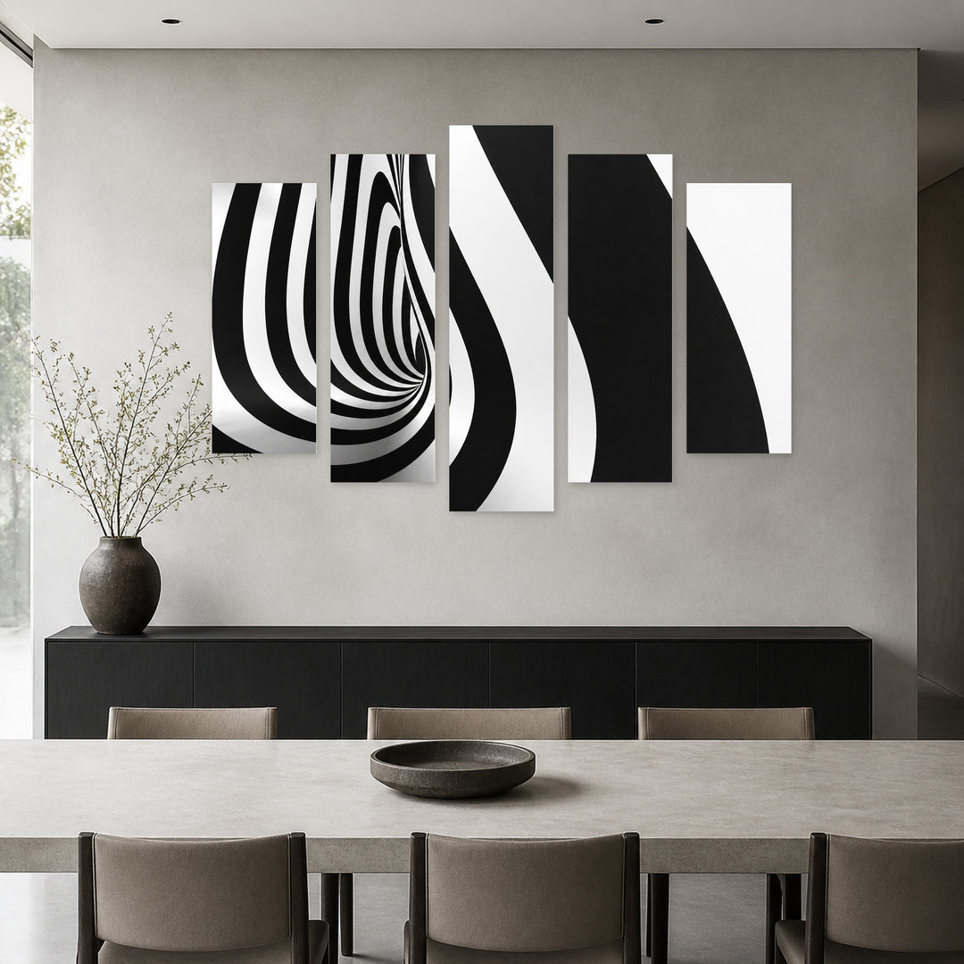 Projection of Black and White Stripes Modern Composition — five-panel wall art in alternate frontal interior | 5wallart 54831 M4