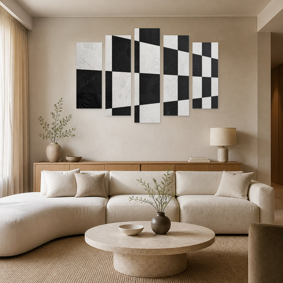 Black and White Texture in Serene Light — five-panel wall art in alternate frontal interior | 5wallart 54832 M4