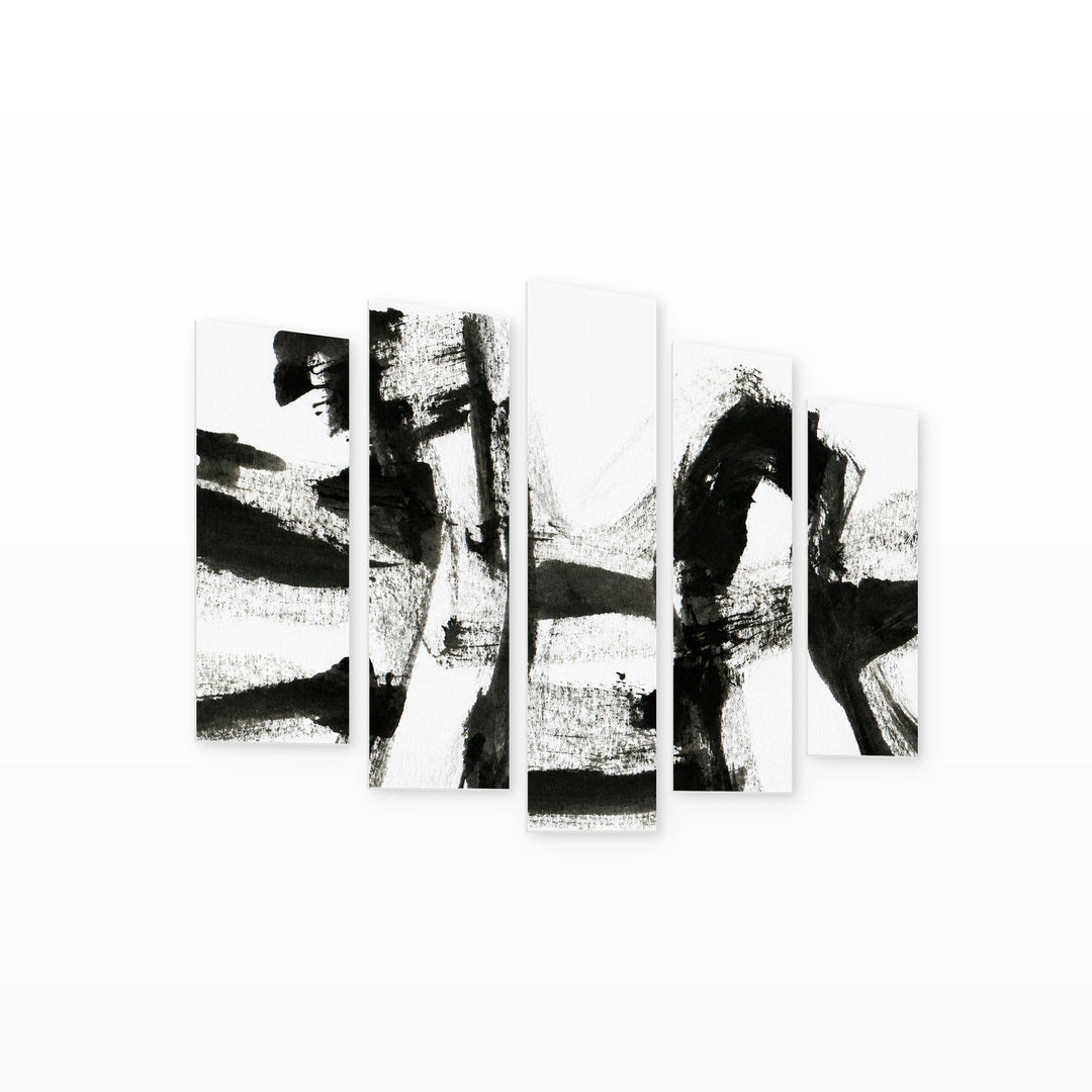 Ink Texture with Geometric Rhythm — five-panel wall art on white background in perspective | 5wallart 54833 M1