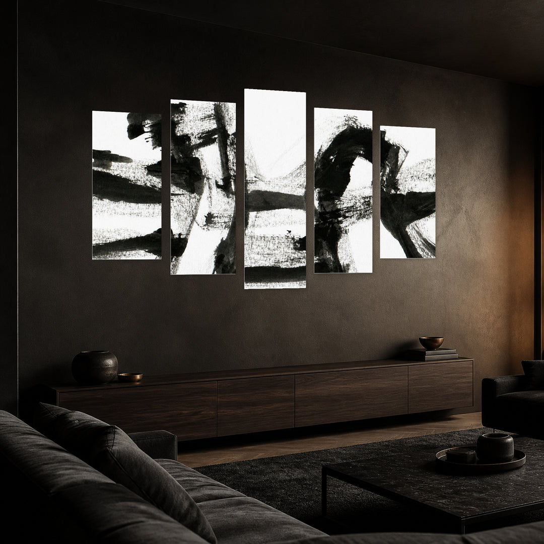 Ink Texture with Geometric Rhythm — five-panel wall art in perspective interior | 5wallart 54833 M2