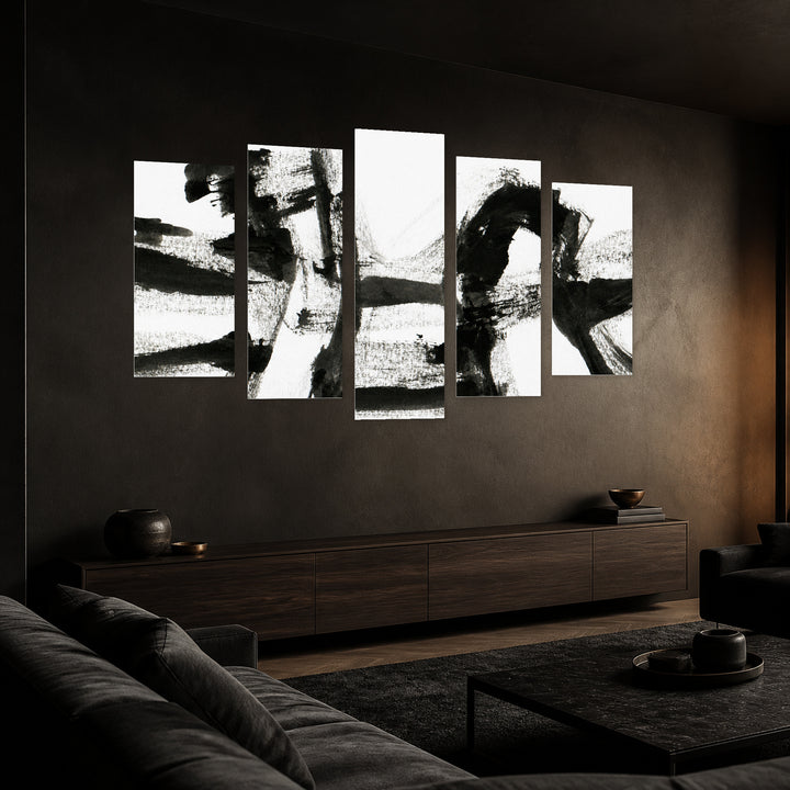 Ink Texture with Geometric Rhythm — five-panel wall art in perspective interior | 5wallart 54833 M2