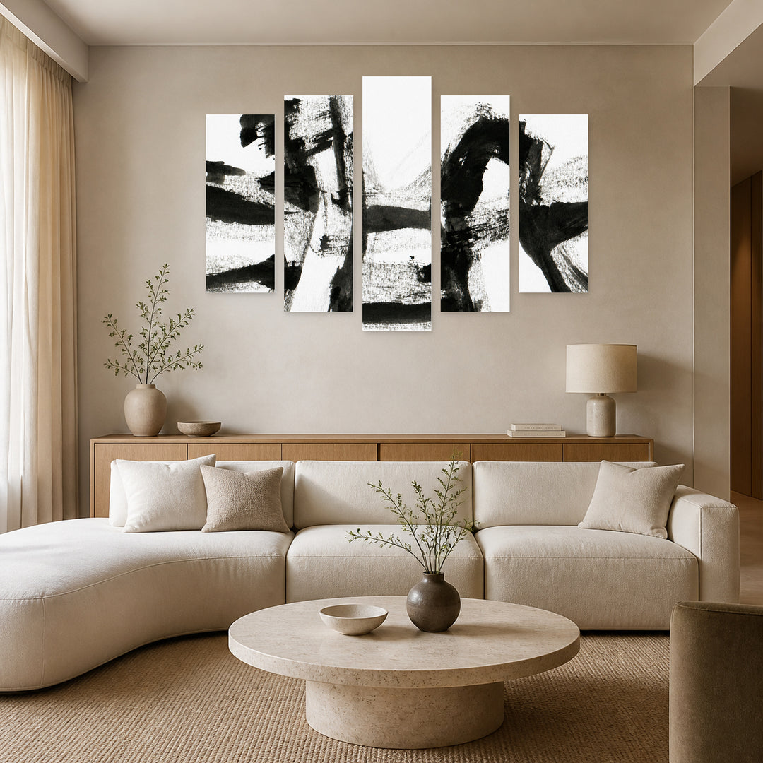 Ink Texture with Geometric Rhythm — five-panel wall art in frontal interior | 5wallart 54833 M3
