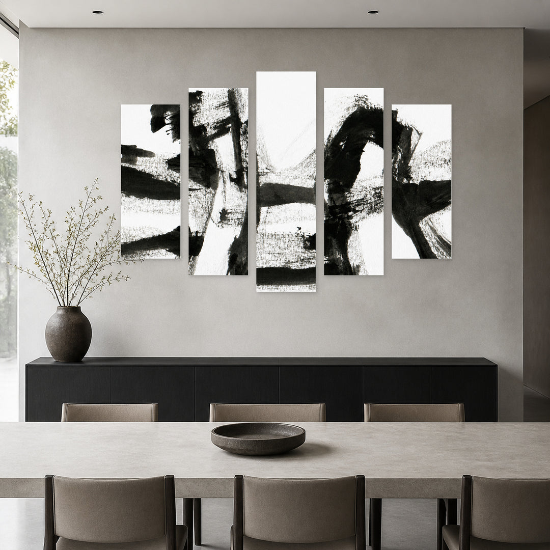 Ink Texture with Geometric Rhythm — five-panel wall art in alternate frontal interior | 5wallart 54833 M4