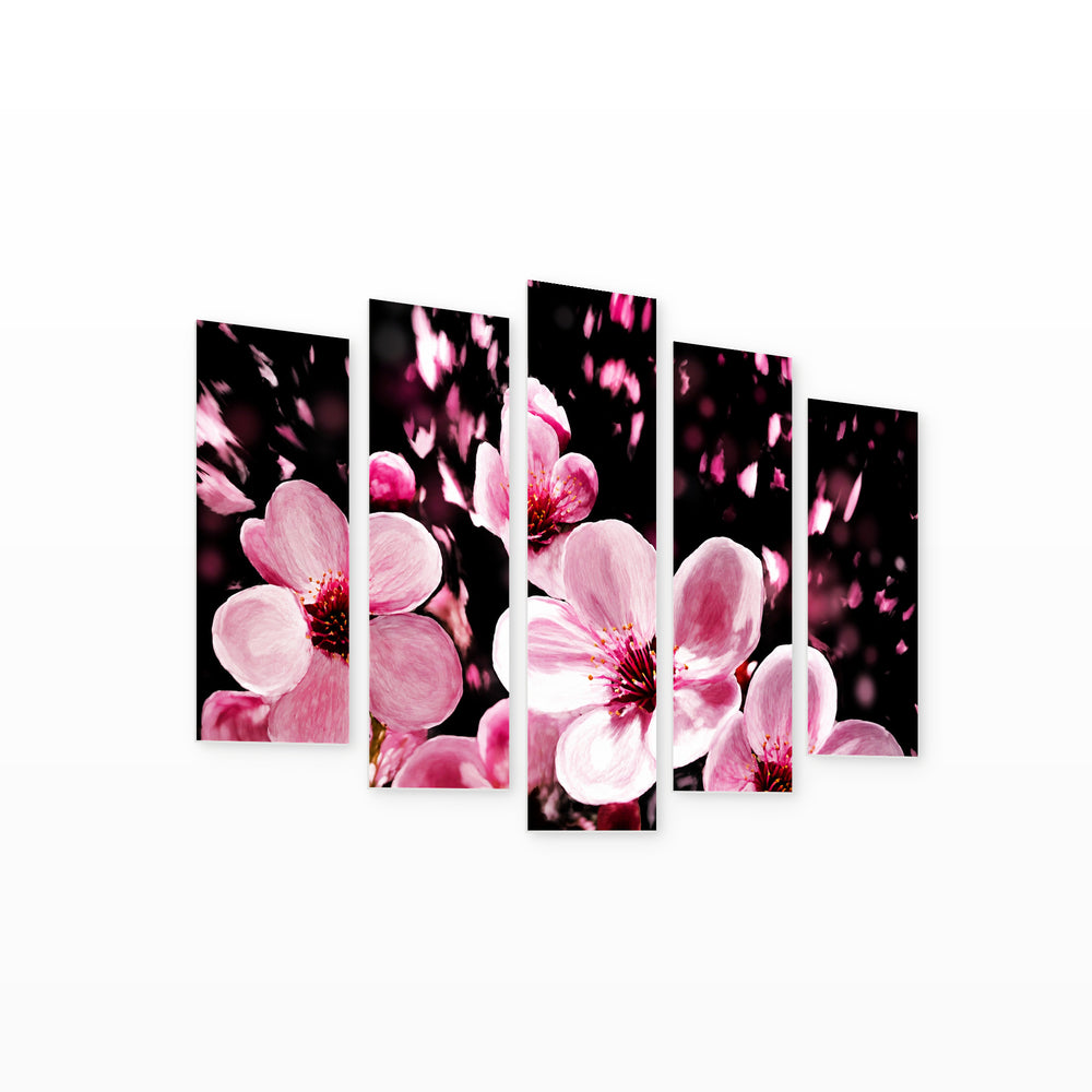 Stylized Cherry Blossoms in Vivid Color — five-panel wall art on white background in perspective | 5wallart 54834 M1