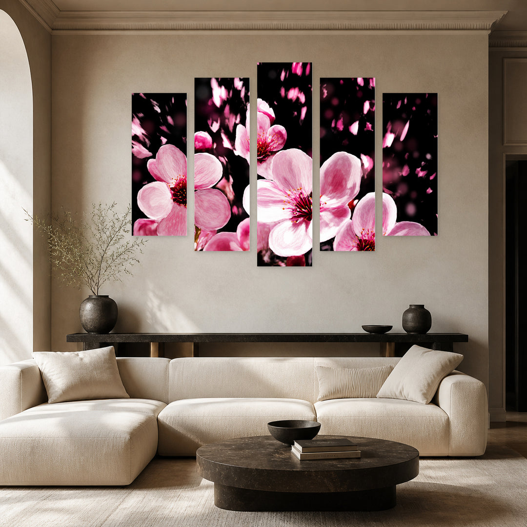 Stylized Cherry Blossoms in Vivid Color — five-panel wall art in alternate frontal interior | 5wallart 54834 M4