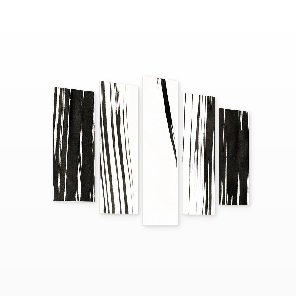 Abstract Ink Brushes with Geometric Rhythm — five-panel wall art on white background in perspective | 5wallart 54835 M1