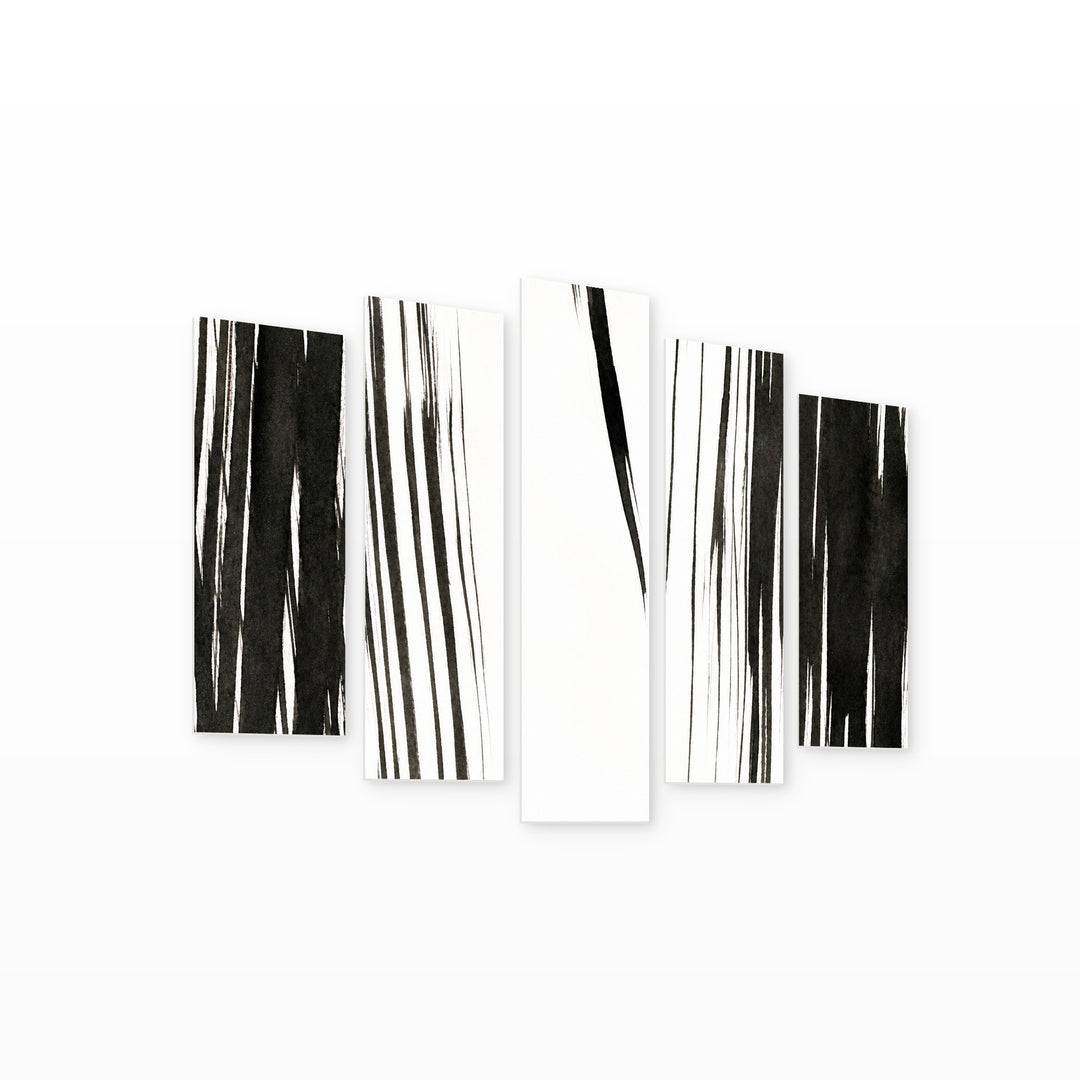 Abstract Ink Brushes with Geometric Rhythm — five-panel wall art on white background in perspective | 5wallart 54835 M1
