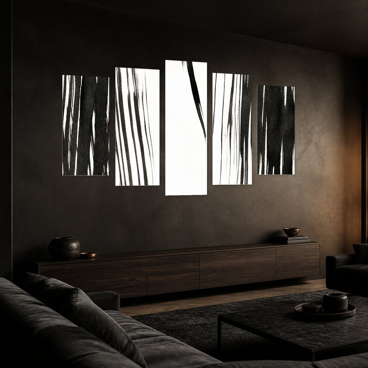 Abstract Ink Brushes with Geometric Rhythm — five-panel wall art in perspective interior | 5wallart 54835 M2