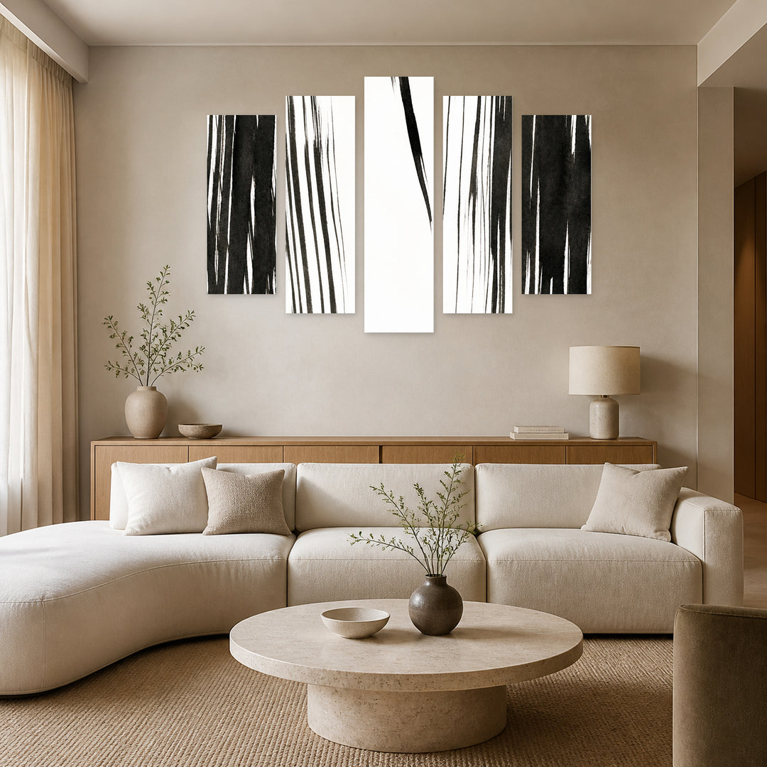 Abstract Ink Brushes with Geometric Rhythm — five-panel wall art in frontal interior | 5wallart 54835 M3