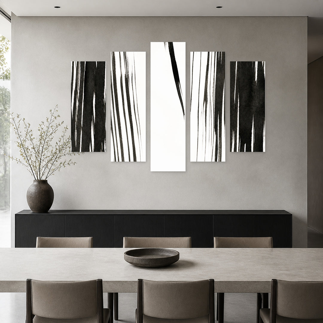Abstract Ink Brushes with Geometric Rhythm — five-panel wall art in alternate frontal interior | 5wallart 54835 M4