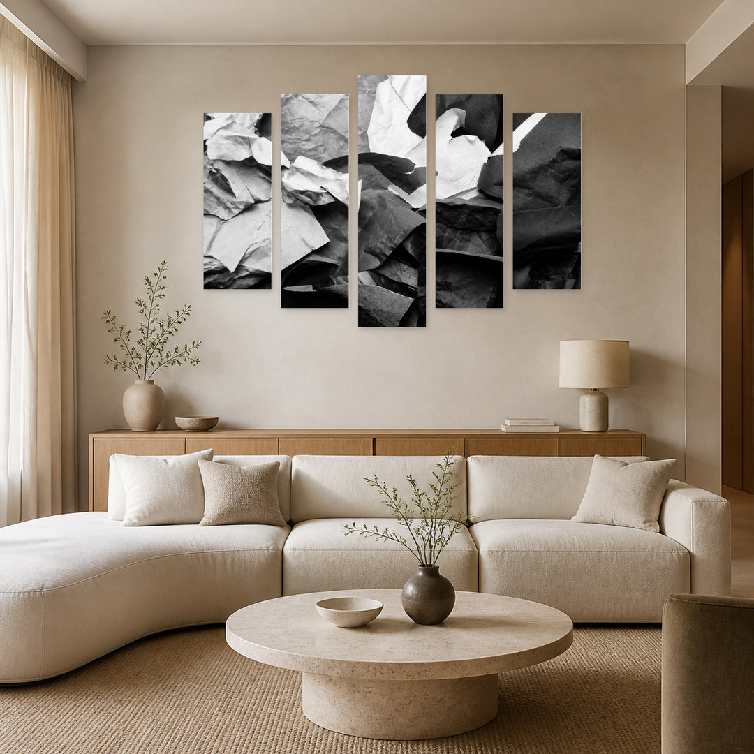 Fragments of Crumpled Paper with Geometric Rhythm — five-panel wall art in alternate frontal interior | 5wallart 54836 M4