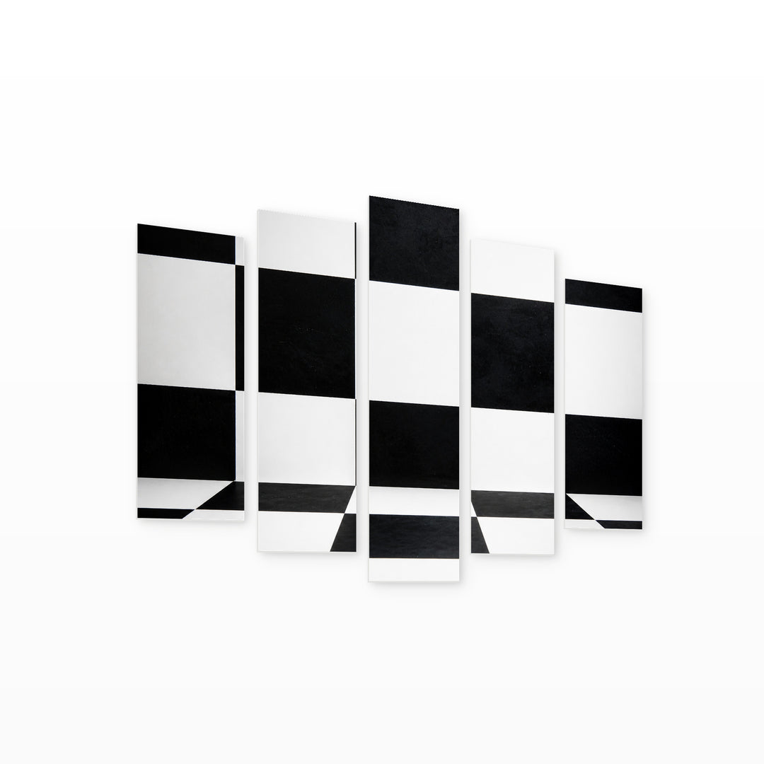 Black and White Cube with Geometric Rhythm — five-panel wall art on white background in perspective | 5wallart 54837 M1