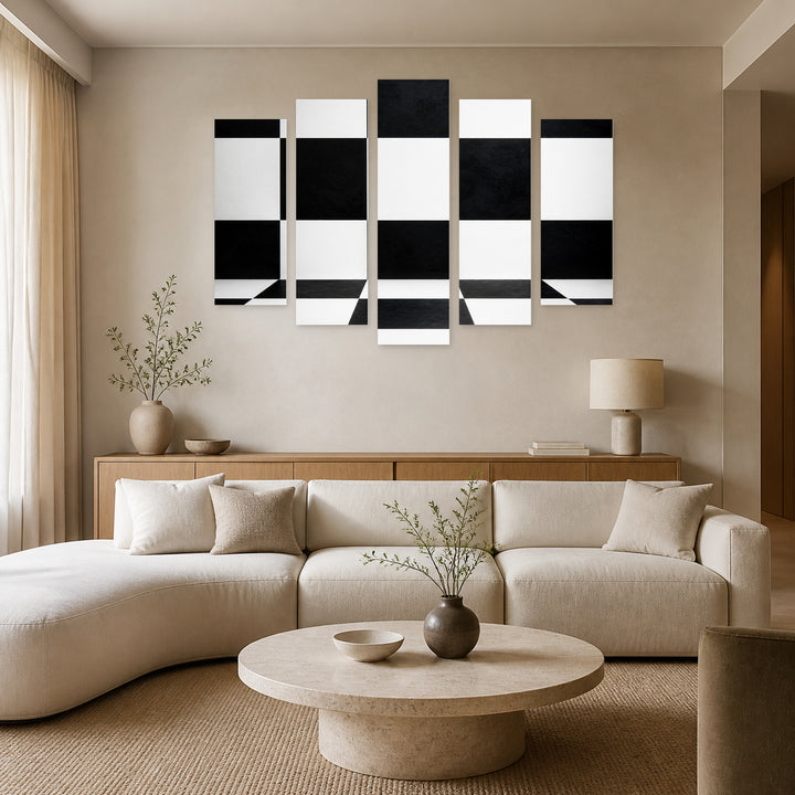 Black and White Cube with Geometric Rhythm — five-panel wall art in frontal interior | 5wallart 54837 M3