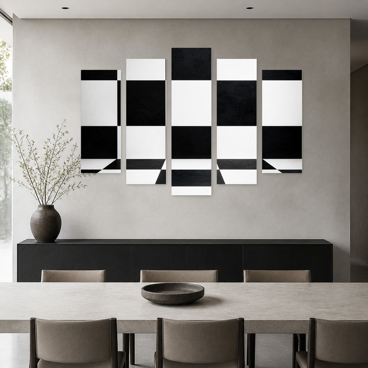 Black and White Cube with Geometric Rhythm — five-panel wall art in alternate frontal interior | 5wallart 54837 M4