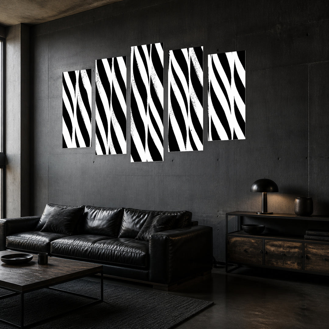 Abstract Black and White Background with Dramatic Contrast — five-panel wall art in perspective interior | 5wallart 54838 M2