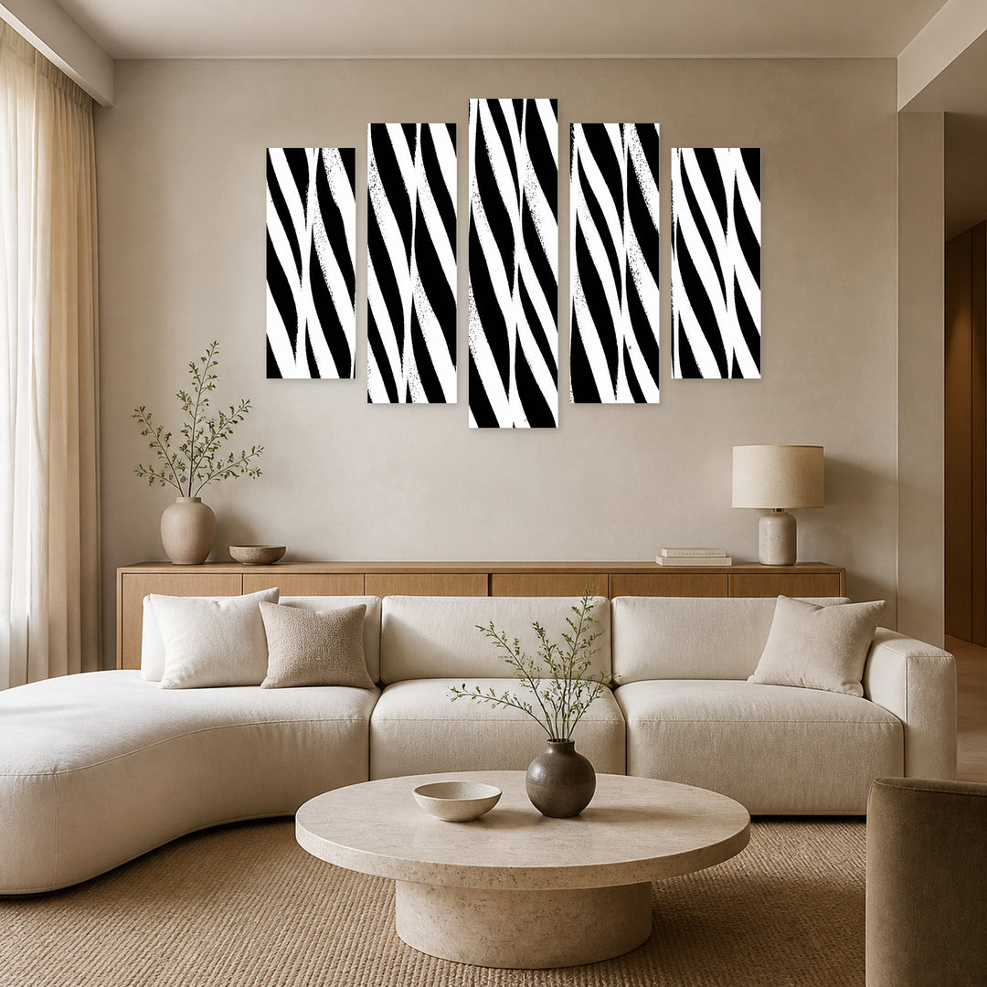 Abstract Black and White Background with Dramatic Contrast — five-panel wall art in alternate frontal interior | 5wallart 54838 M4