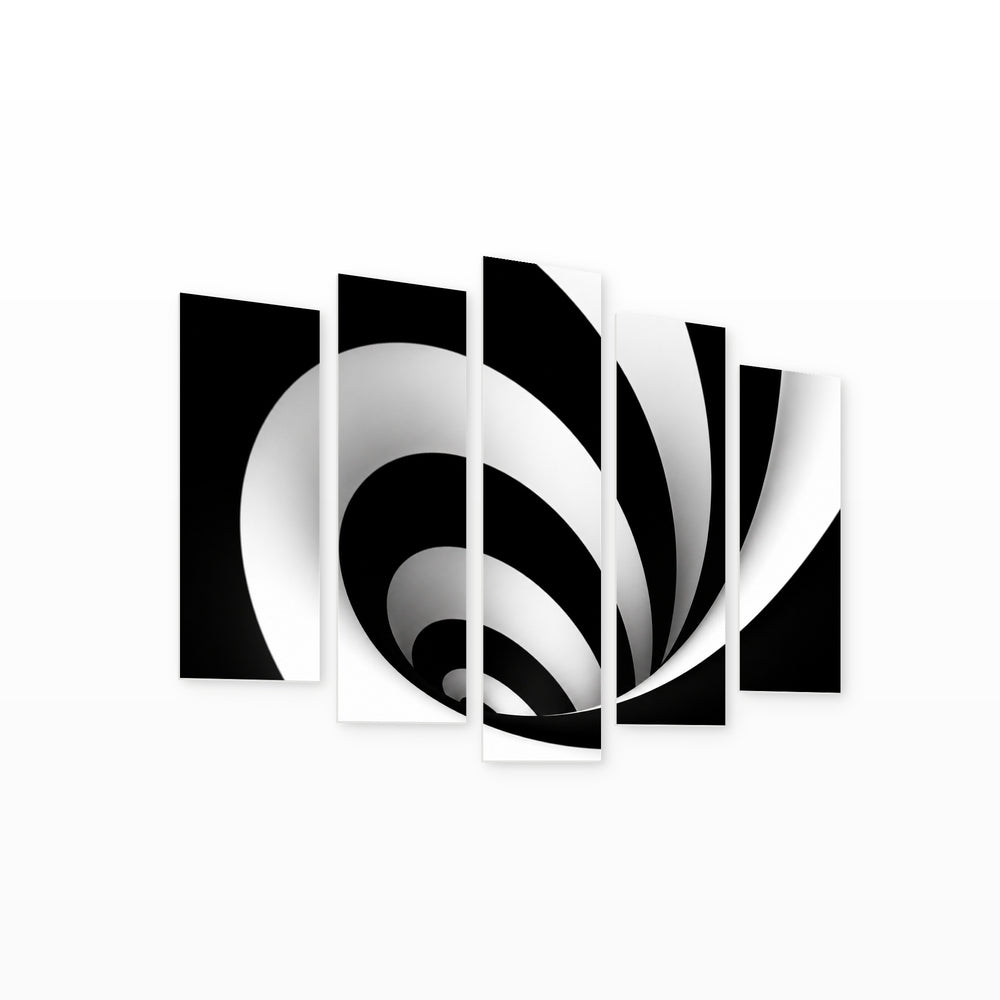 Abstract Black and White Spiral in Serene Light — five-panel wall art on white background in perspective | 5wallart 54839 M1