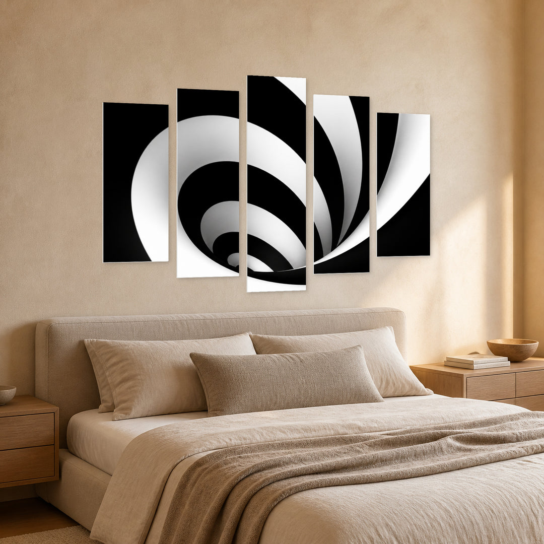 Abstract Black and White Spiral in Serene Light — five-panel wall art in perspective interior | 5wallart 54839 M2