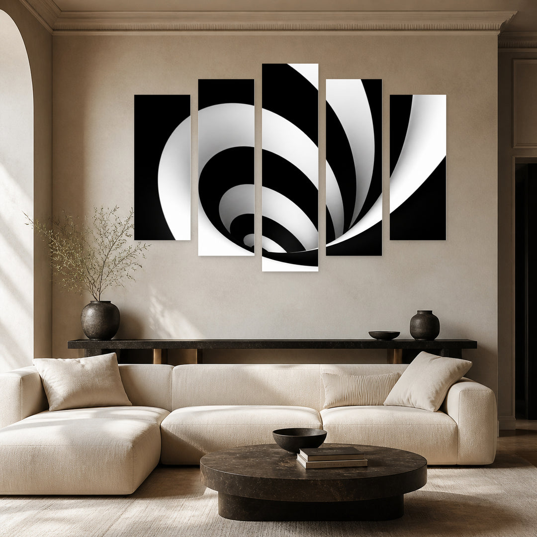 Abstract Black and White Spiral in Serene Light — five-panel wall art in frontal interior | 5wallart 54839 M3