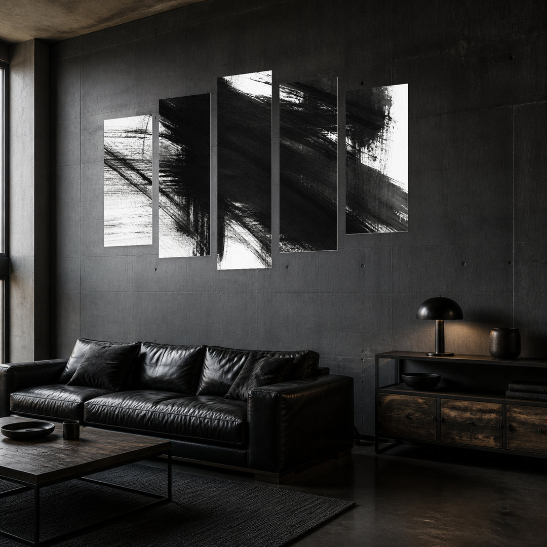 Abstract Black and White Background with Geometric Rhythm — five-panel wall art in perspective interior | 5wallart 54840 M2