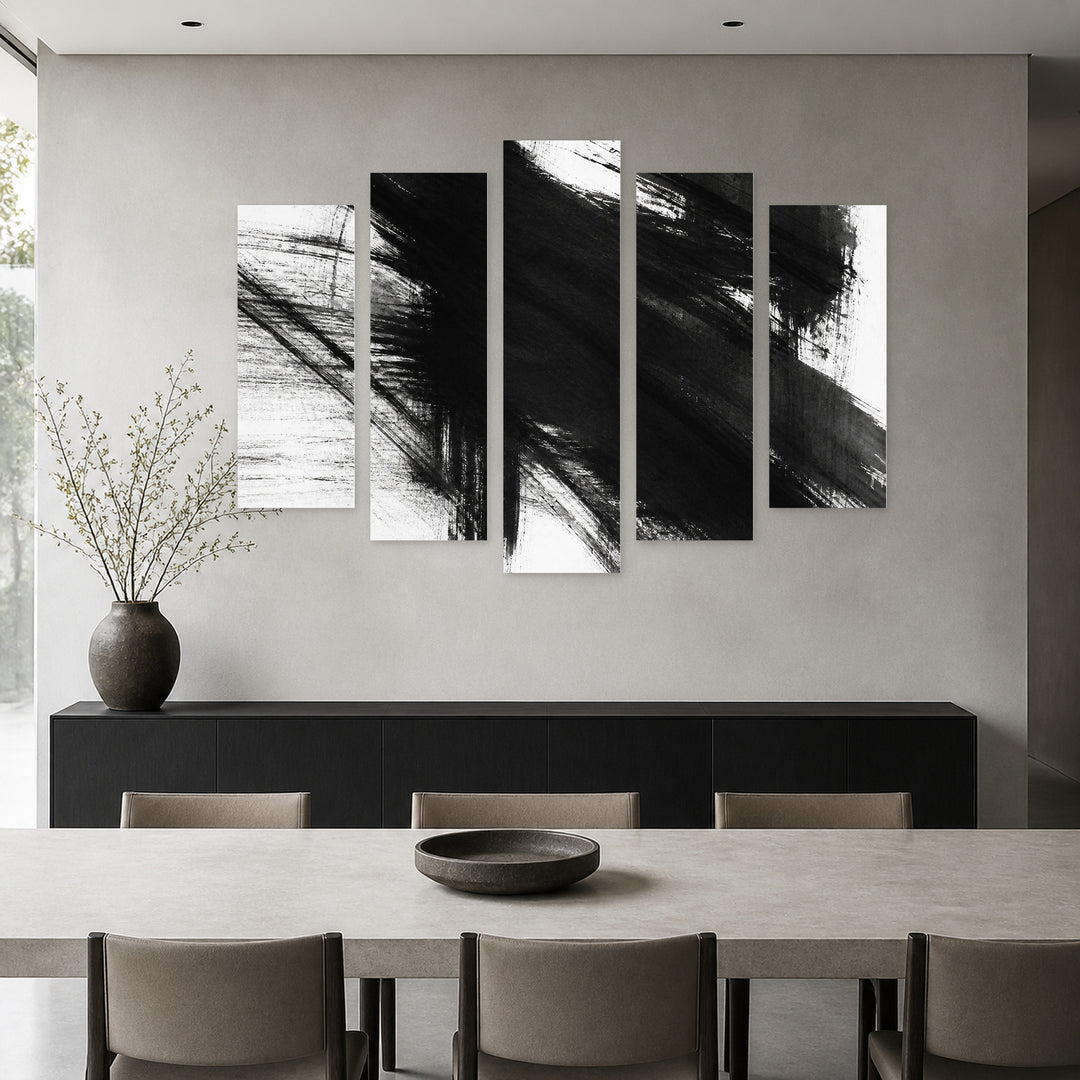 Abstract Black and White Background with Geometric Rhythm — five-panel wall art in frontal interior | 5wallart 54840 M3