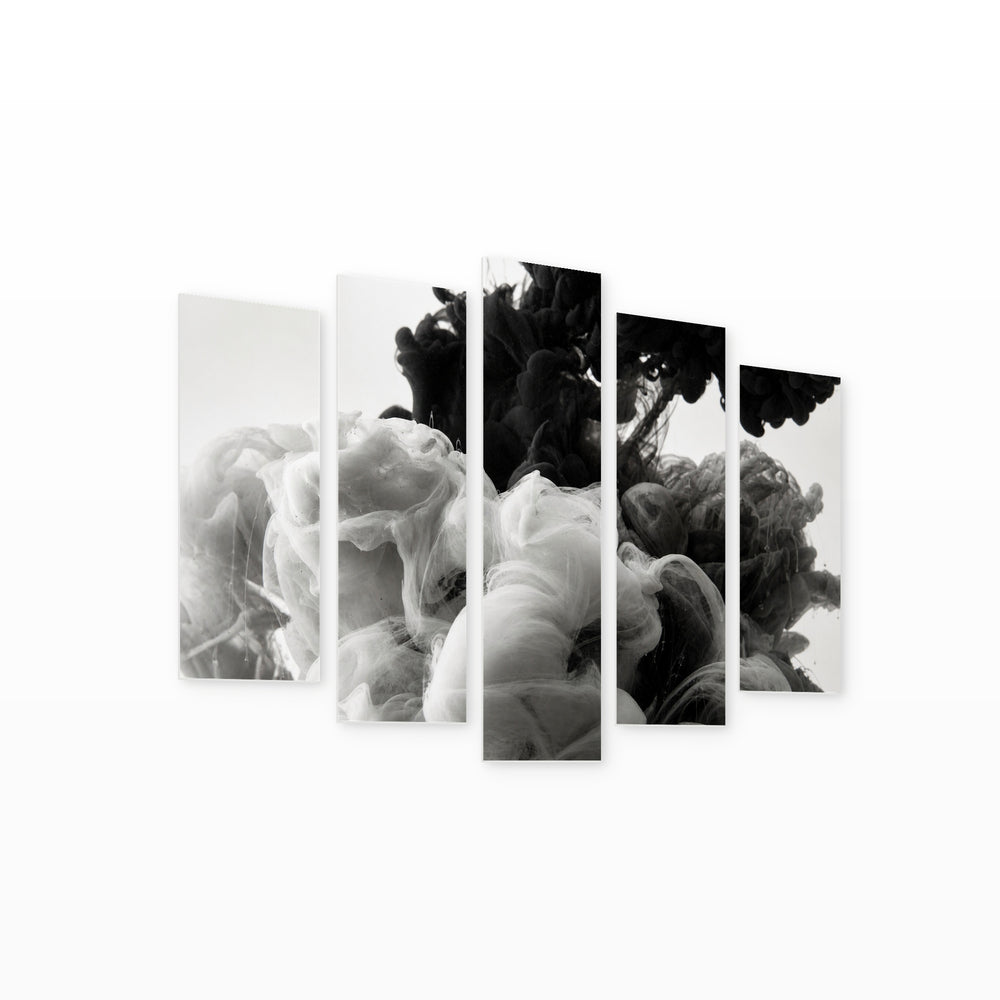 Black and White Smoke Texture with Dramatic Contrast — five-panel wall art on white background in perspective | 5wallart 54841 M1