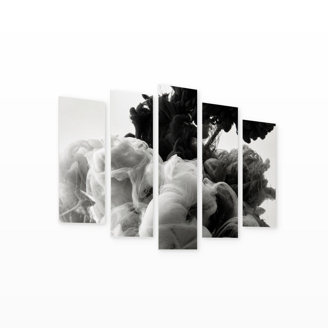 Black and White Smoke Texture with Dramatic Contrast — five-panel wall art on white background in perspective | 5wallart 54841 M1