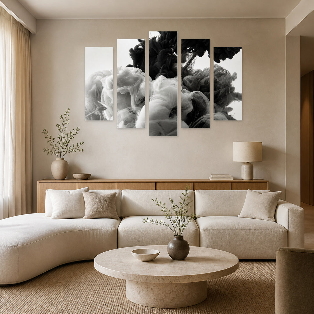 Black and White Smoke Texture with Dramatic Contrast — five-panel wall art in frontal interior | 5wallart 54841 M3