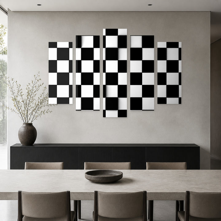 Black and White Cubes with Geometric Rhythm — five-panel wall art in frontal interior | 5wallart 54842 M3