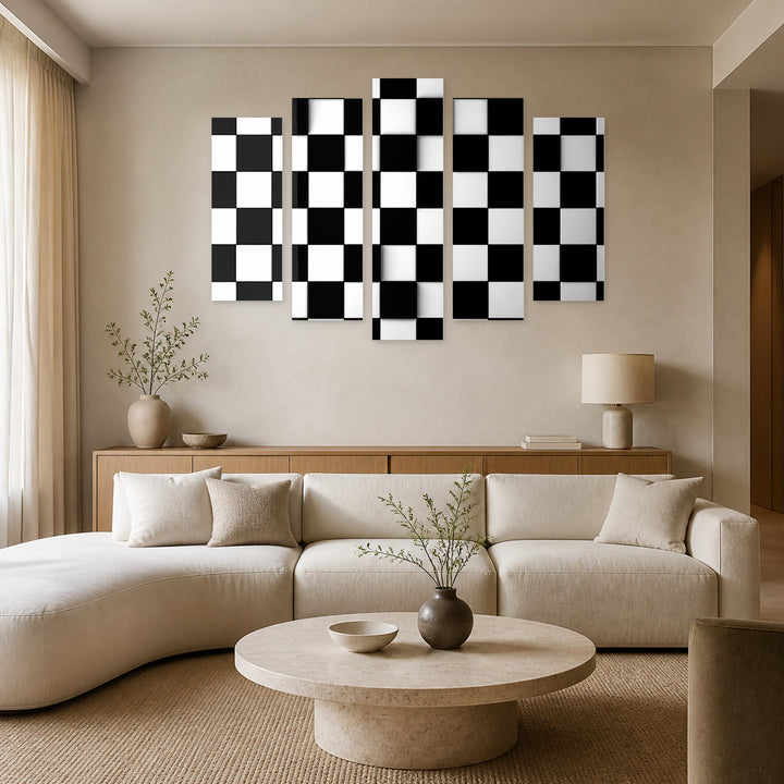 Black and White Cubes with Geometric Rhythm — five-panel wall art in alternate frontal interior | 5wallart 54842 M4