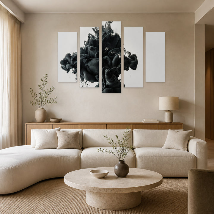 Ink Blot Modern Composition — five-panel wall art in frontal interior | 5wallart 54843 M3