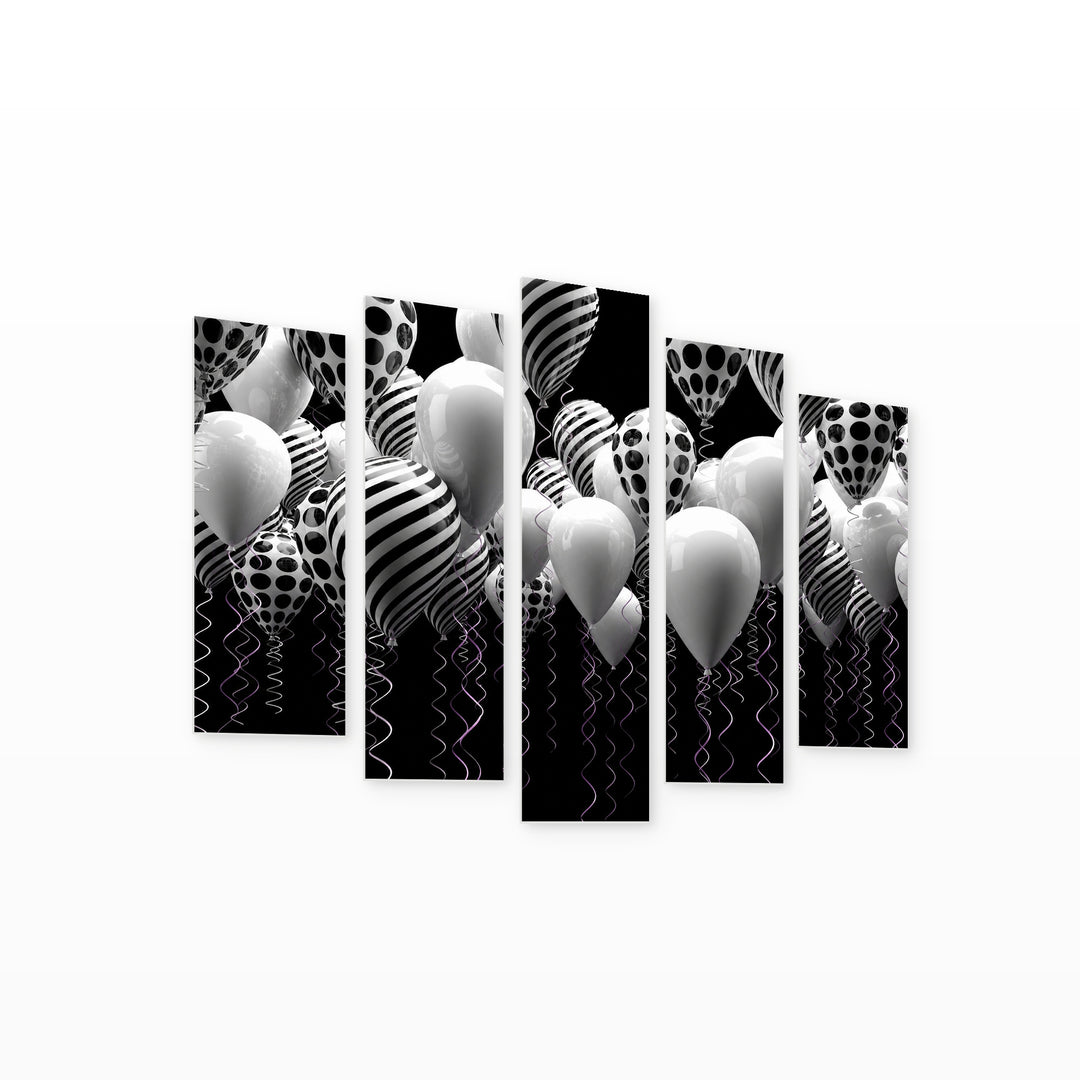 Black and White Balloons in Serene Light — five-panel wall art on white background in perspective | 5wallart 54844 M1