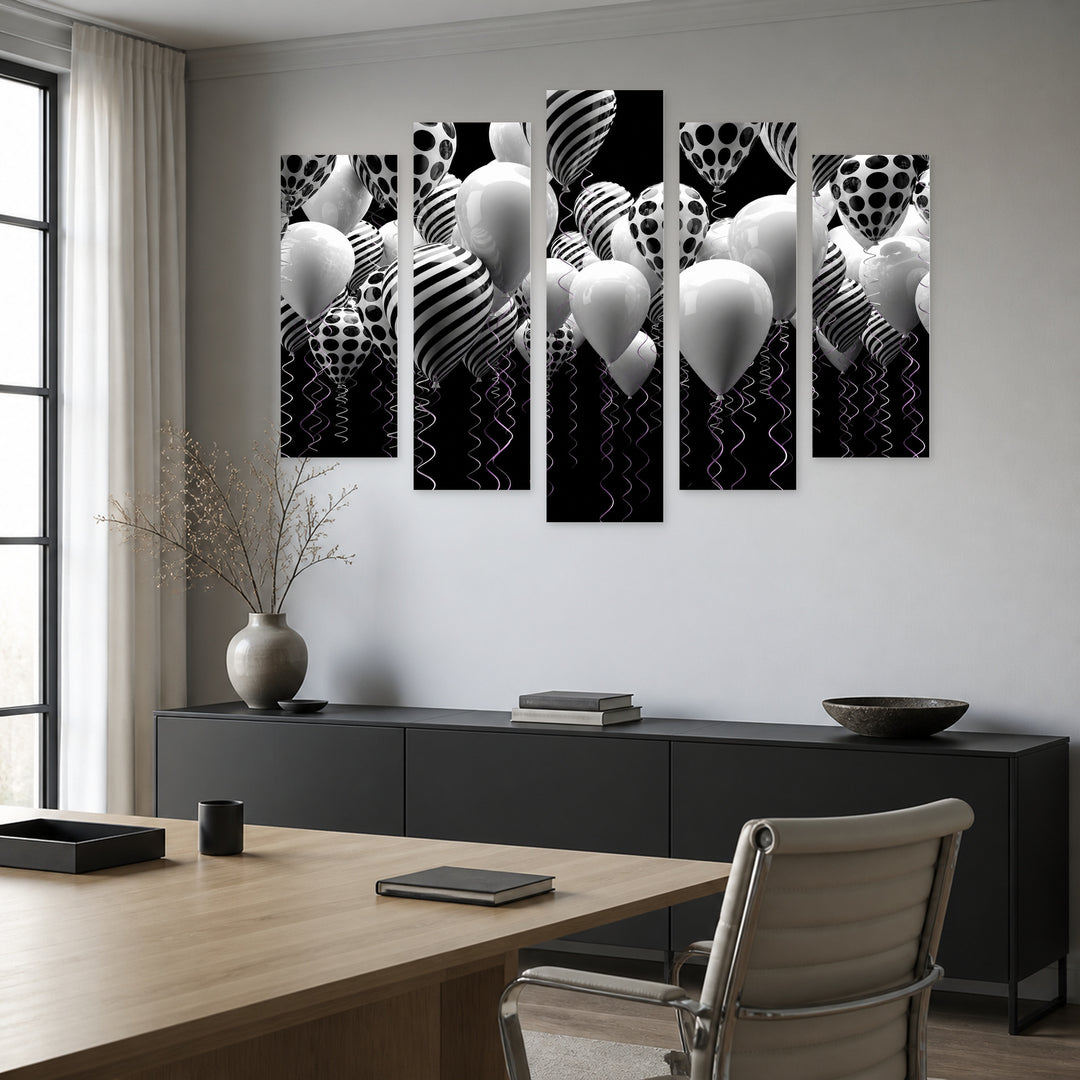Black and White Balloons in Serene Light — five-panel wall art in frontal interior | 5wallart 54844 M3