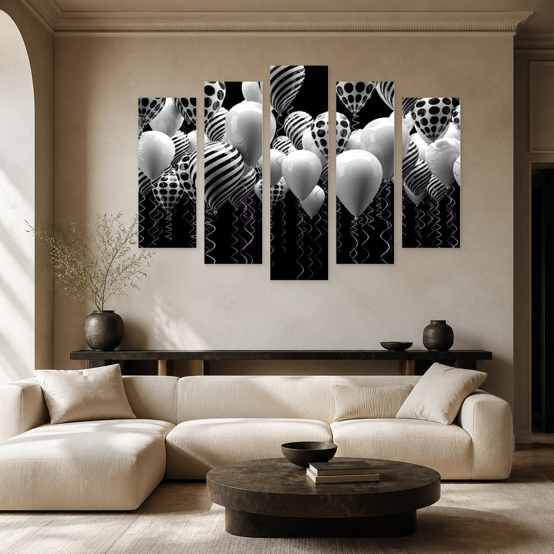 Black and White Balloons in Serene Light — five-panel wall art in alternate frontal interior | 5wallart 54844 M4