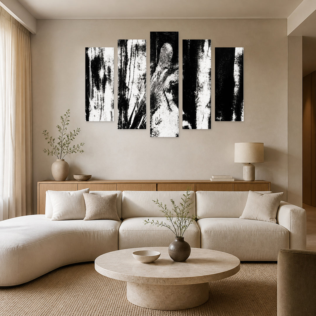 Monochrome Texture in Serene Light II — five-panel wall art in frontal interior | 5wallart 54845 M3