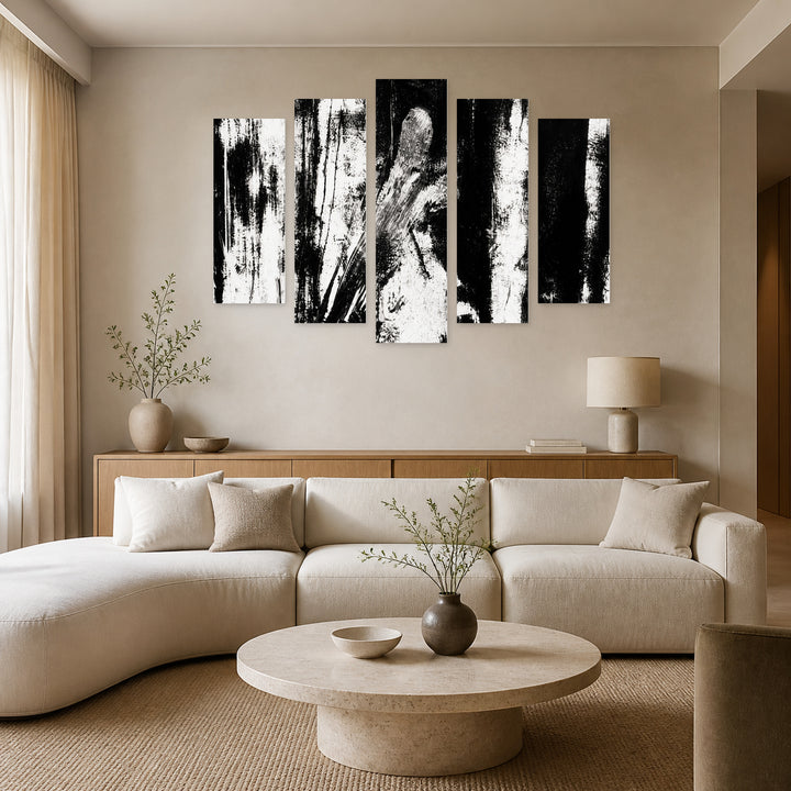 Monochrome Texture in Serene Light II — five-panel wall art in frontal interior | 5wallart 54845 M3